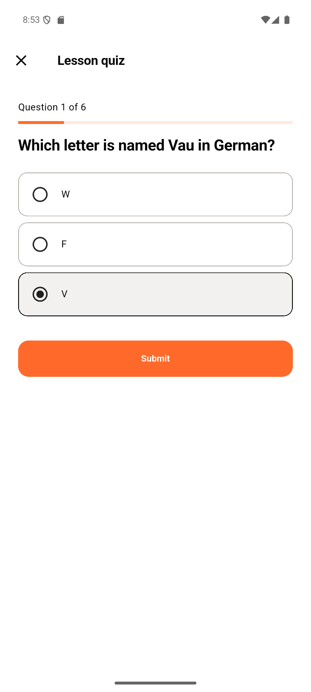Be Deutsch lesson quiz screen with a multiple-choice question