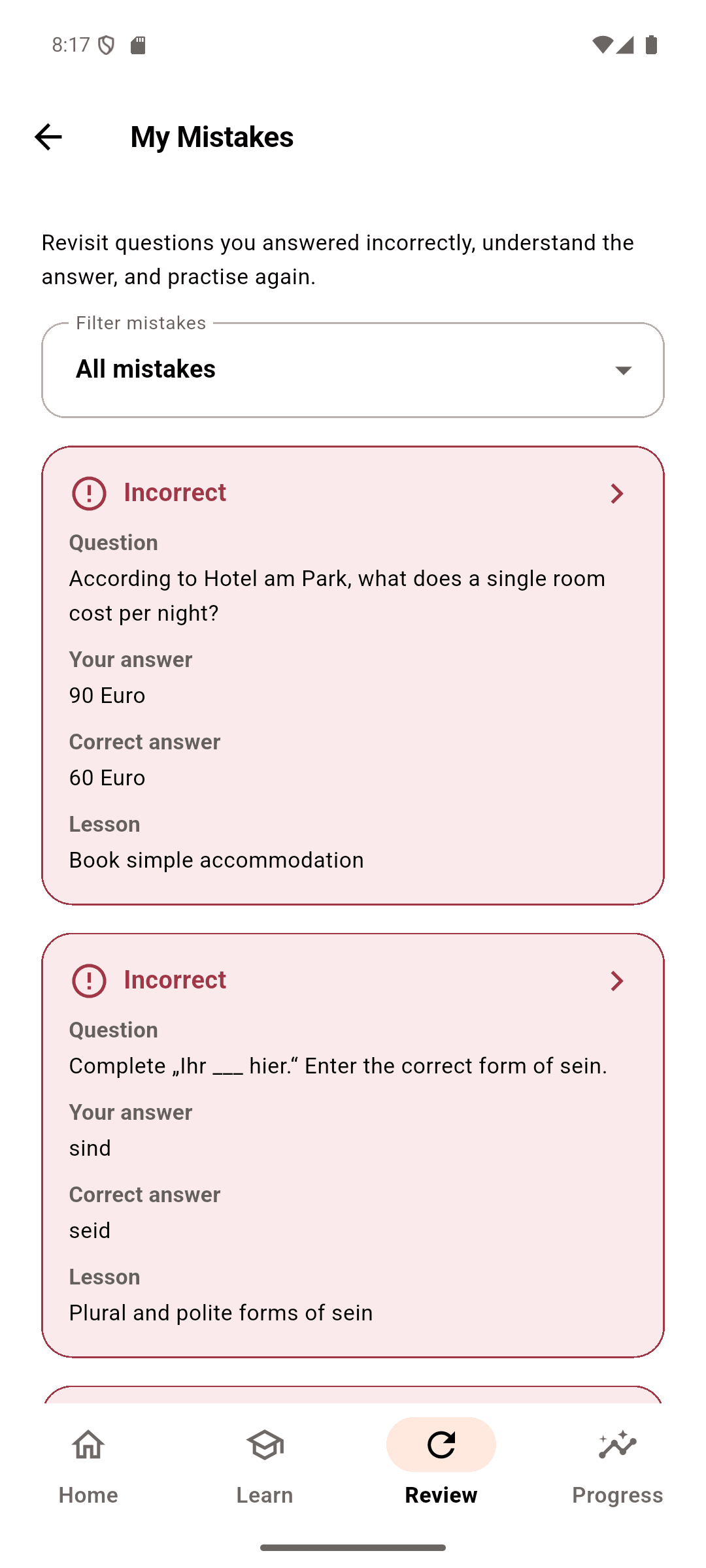 Be Deutsch My Mistakes screen for reviewing incorrect answers